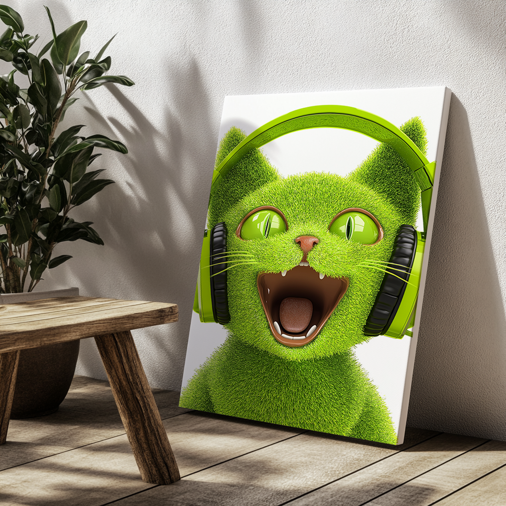 Canvas painting Green Cat with Headphones