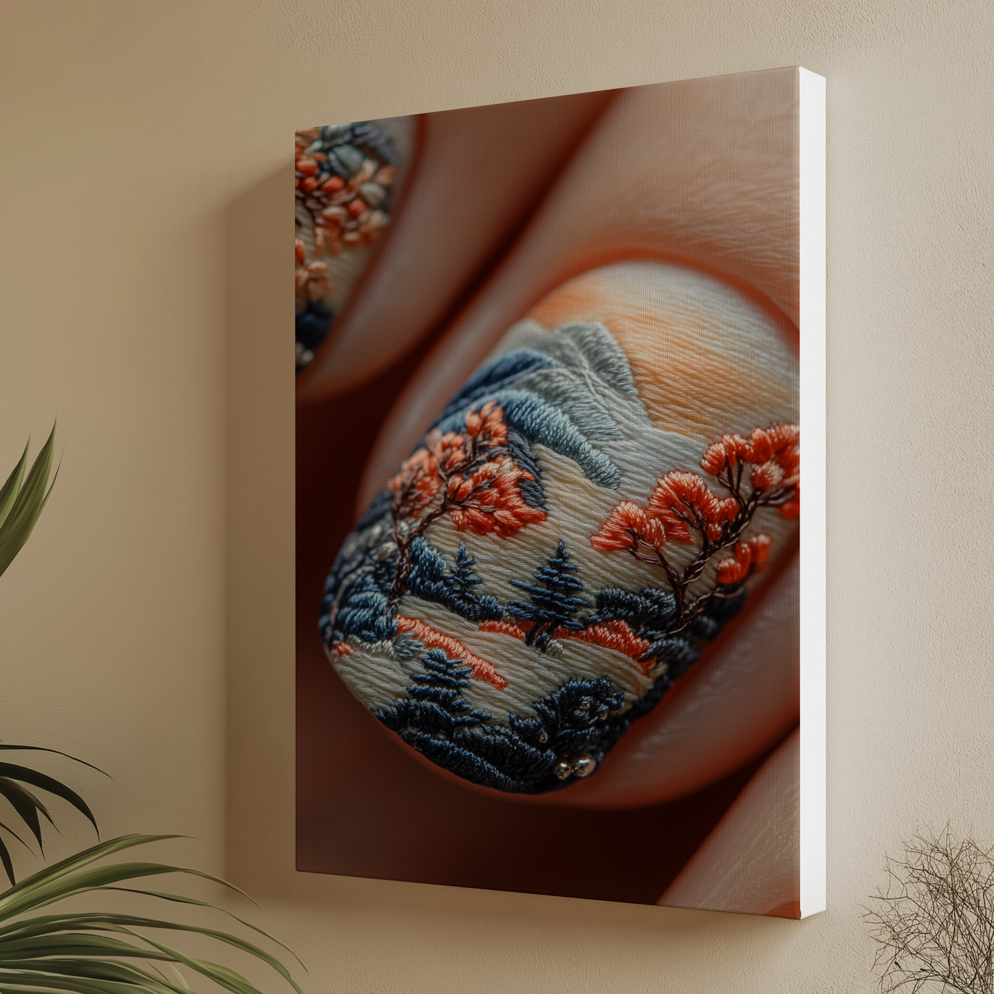 Canvas Painting Landscape Stitched on Nails